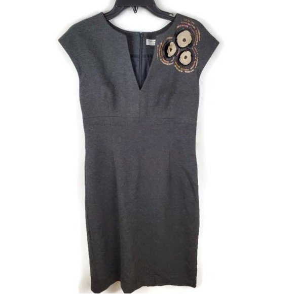 Trina Turk Los Angeles Cap Sleeve Deep V-Neck Dress w/ Embroidered Design grey 8 - Picture 1 of 5